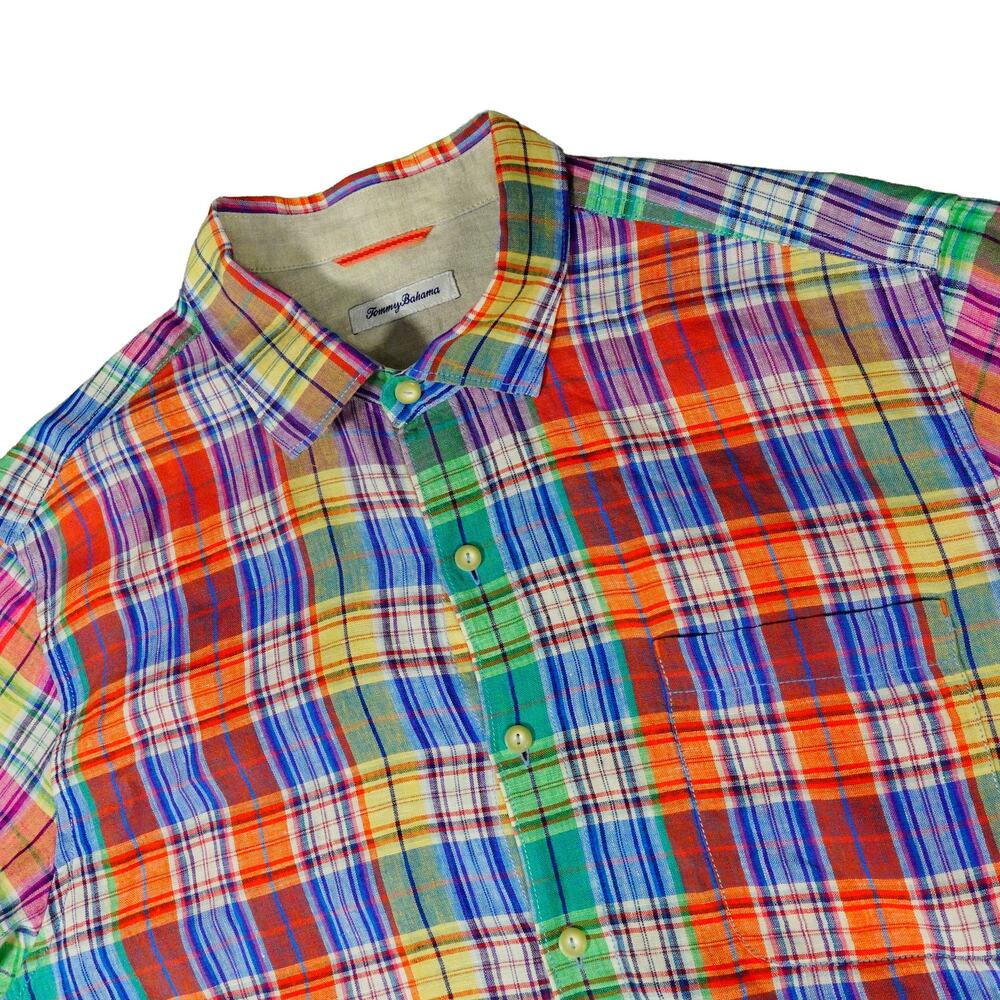 Tommy Bahama Linen Colorful Plaid Tropical Vacation Long Sleeve Shirt XL